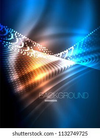 Smooth light effect, straight lines on glowing shiny neon dark background. Energy technology idea. Vector illustration