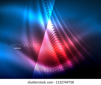 Smooth light effect, straight lines on glowing shiny neon dark background. Energy technology idea. Vector illustration