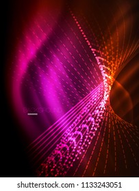 Smooth light effect, straight lines on glowing shiny neon dark background. Energy technology idea. Vector illustration