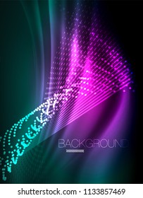 Smooth light effect, straight lines on glowing shiny neon dark background. Energy technology idea. Vector illustration