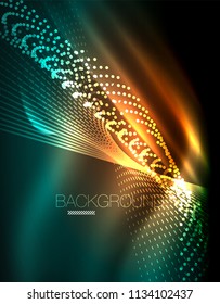 Smooth light effect, straight lines on glowing shiny neon dark background. Energy technology idea. Vector illustration