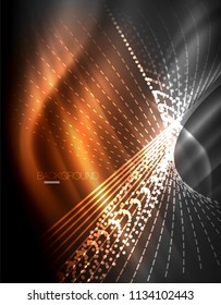 Smooth light effect, straight lines on glowing shiny neon dark background. Energy technology idea. Vector illustration