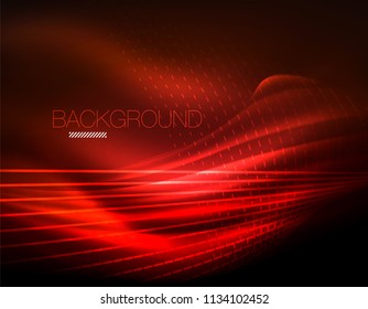 Smooth light effect, straight lines on glowing shiny neon dark background. Energy technology idea. Vector illustration