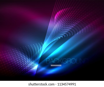 Smooth light effect, straight lines on glowing shiny neon dark background. Energy technology idea. Vector illustration