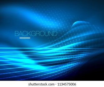 Smooth light effect, straight lines on glowing shiny neon dark background. Energy technology idea. Vector illustration
