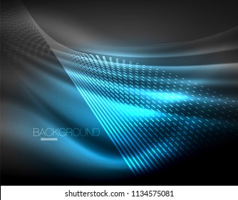 Smooth light effect, straight lines on glowing shiny neon dark background. Energy technology idea. Vector illustration