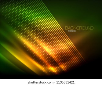 Smooth light effect, straight lines on glowing shiny neon dark background. Energy technology idea. Vector illustration