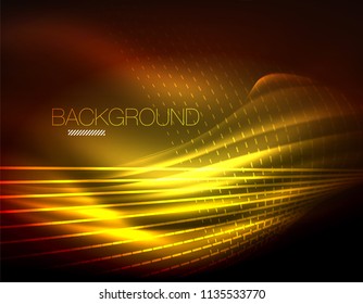 Smooth light effect, straight lines on glowing shiny neon dark background. Energy technology idea. Vector illustration