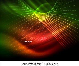 Smooth light effect, straight lines on glowing shiny neon dark background. Energy technology idea. Vector illustration