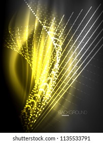 Smooth light effect, straight lines on glowing shiny neon dark background. Energy technology idea. Vector illustration