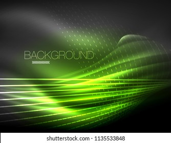 Smooth light effect, straight lines on glowing shiny neon dark background. Energy technology idea. Vector illustration