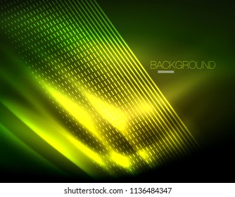 Smooth light effect, straight lines on glowing shiny neon dark background. Energy technology idea. Vector illustration