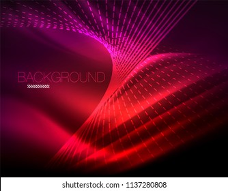 Smooth light effect, straight lines on glowing shiny neon dark background. Energy technology idea. Vector illustration