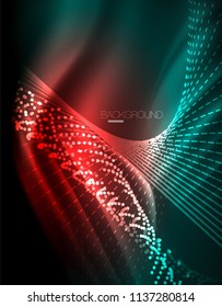 Smooth light effect, straight lines on glowing shiny neon dark background. Energy technology idea. Vector illustration