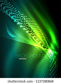 Glättlicher Lichteffekt, gerade Linien auf glänzendem neonfarbenem dunklem Hintergrund. Idee der Energietechnologie. Vektorgrafik