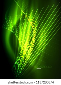 Smooth light effect, straight lines on glowing shiny neon dark background. Energy technology idea. Vector illustration