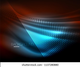 Smooth light effect, straight lines on glowing shiny neon dark background. Energy technology idea. Vector illustration