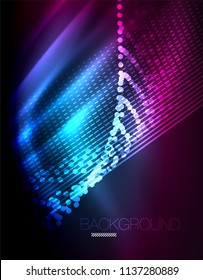 Smooth light effect, straight lines on glowing shiny neon dark background. Energy technology idea. Vector illustration