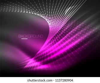 Smooth light effect, straight lines on glowing shiny neon dark background. Energy technology idea. Vector illustration
