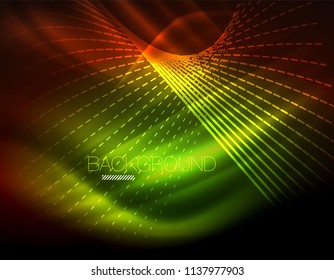 Smooth light effect, straight lines on glowing shiny neon dark background. Energy technology idea. Vector illustration