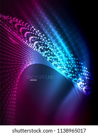 Smooth light effect, straight lines on glowing shiny neon dark background. Energy technology idea. Vector illustration
