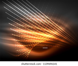 Smooth light effect, straight lines on glowing shiny neon dark background. Energy technology idea. Vector illustration