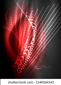 Smooth light effect, straight lines on glowing shiny neon dark background. Energy technology idea. Vector illustration
