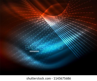 Smooth light effect, straight lines on glowing shiny neon dark background. Energy technology idea. Vector illustration