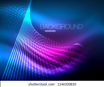 Smooth light effect, straight lines on glowing shiny neon dark background. Energy technology idea. Vector illustration
