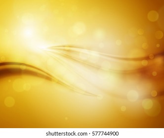 Smooth light gold waves lines and Lens Flares vector abstract background. Bokeh effect