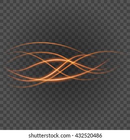 Smooth light orange lines on transparency background vector illustration. Glowing translucent element for special Effects. Abstract design.