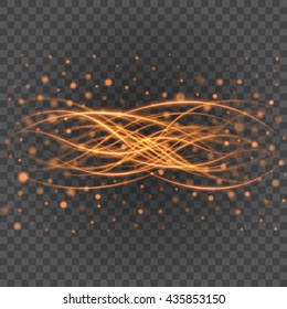 Smooth light orange lines on transparency background vector illustration. Glowing translucent element for special Effects. Abstract design.