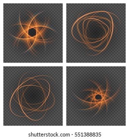 Smooth light orange lines on transparency set backgrounds vector illustration. Glowing translucent element for special Effects. Abstract design.