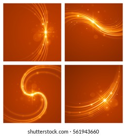 Smooth light orange waves lines and Lens Flares vector abstract set backgrounds. Good for promotion materials, brochures, banners. Abstract Backdrop, Glowing effects.