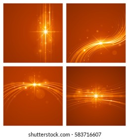 Smooth light orange waves lines and Lens Flares vector abstract set backgrounds. Good for promotion materials, brochures, banners. Abstract Backdrop, Glowing effects.