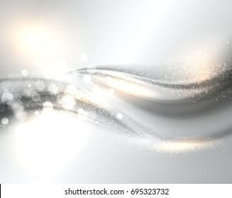 Smooth light silver waves lines and Lens Flares vector abstract background. Bokeh effect.