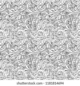 Smooth linear ornament with an abstract and twisted whorls and petals. Seamless pattern of simple wave tracery and curls. Endless texture for office supplies and printing on fabrics.