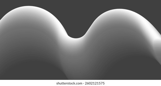 A smooth lit grey round 3D shape with two gentle curves creates an abstract, minimalist design against a dark gray background. The soft lighting enhances its elegant and modern aesthetic.