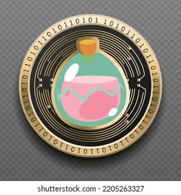 Smooth Love Potion (SLP) cryptocurrency golden coin isolated in transparent background. Virtual currency token symbol vector illustration based on cryptography and block chain technology.
