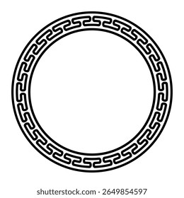 Smooth meander pattern, circle frame. Decorative circular border with a zipper-like pattern, made of a continuous line, shaped into a seamless motif. Also known as Greek key. Illustration. Vector