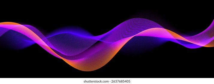Smooth neon sound wave on black background. Abstract flowing wavy lines design for ai concept, eq equalizer, audio record, voice assistant. Orange blue purple gradient curve stripe wallpaper. Vector