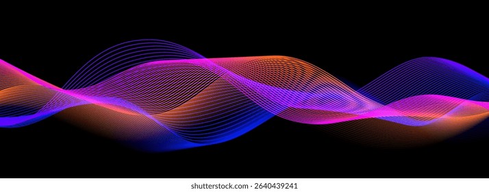 Smooth neon sound wave on black background. Abstract flowing wavy lines design for ai concept, eq equalizer, audio record, voice assistant. Blue pink orange purple gradient stripe wallpaper. Vector