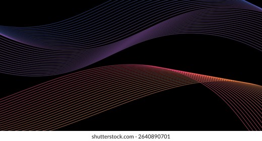 Smooth neon sound wave on black background. Abstract flowing wavy lines design for ai concept,equalizer, audio record, voice assistant. Blue pink orange purple vector eps10