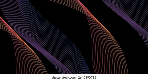 Smooth neon sound wave on black background. Abstract flowing wavy lines design for ai concept,equalizer, audio record, voice assistant. Blue pink orange purple vector eps10