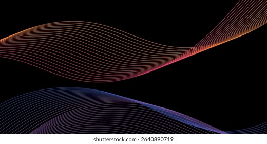 Smooth neon sound wave on black background. Abstract flowing wavy lines design for ai concept,equalizer, audio record, voice assistant. Blue pink orange purple vector eps10