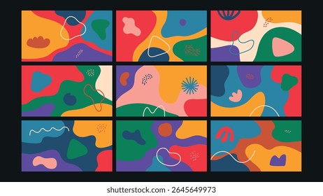 Smooth organic shapes and abstract elements with bold colors and playful lines. Creative and modern visual style.