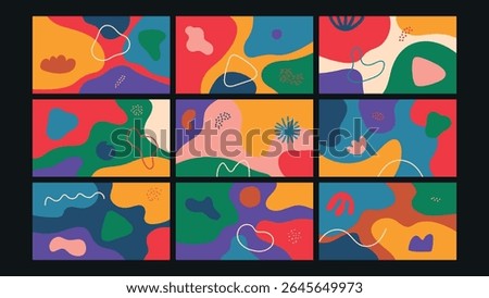 Smooth organic shapes and abstract elements with bold colors and playful lines. Creative and modern visual style.