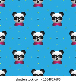 
Smooth pattern with a panda face using butterfly and small star spots. blue background. panda modern wallpaper designs and are ready to be printed on cloth or t-shirts. vector