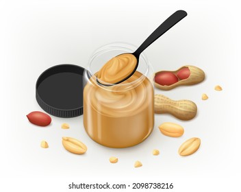 Leichte Erdnussbutter in einem Glas, schwarzer Löffel, zerstreute Körner und Krümel von Erdnüssen, Schale (ganz, offen mit roten Samen), Plastikdeckel. Grauer Hintergrund. Realistische Vektorgrafik.