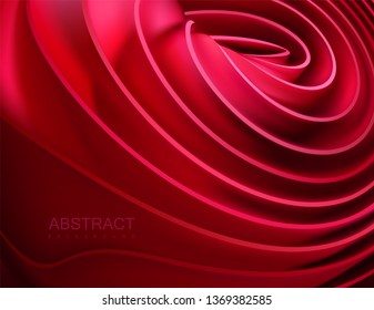 Smooth red shape. Twisted liquid substance. Delicate wavy surface. Vector 3d illustration. Abstract cloth or rosebud background. Trendy cover design. Modern poster layout.